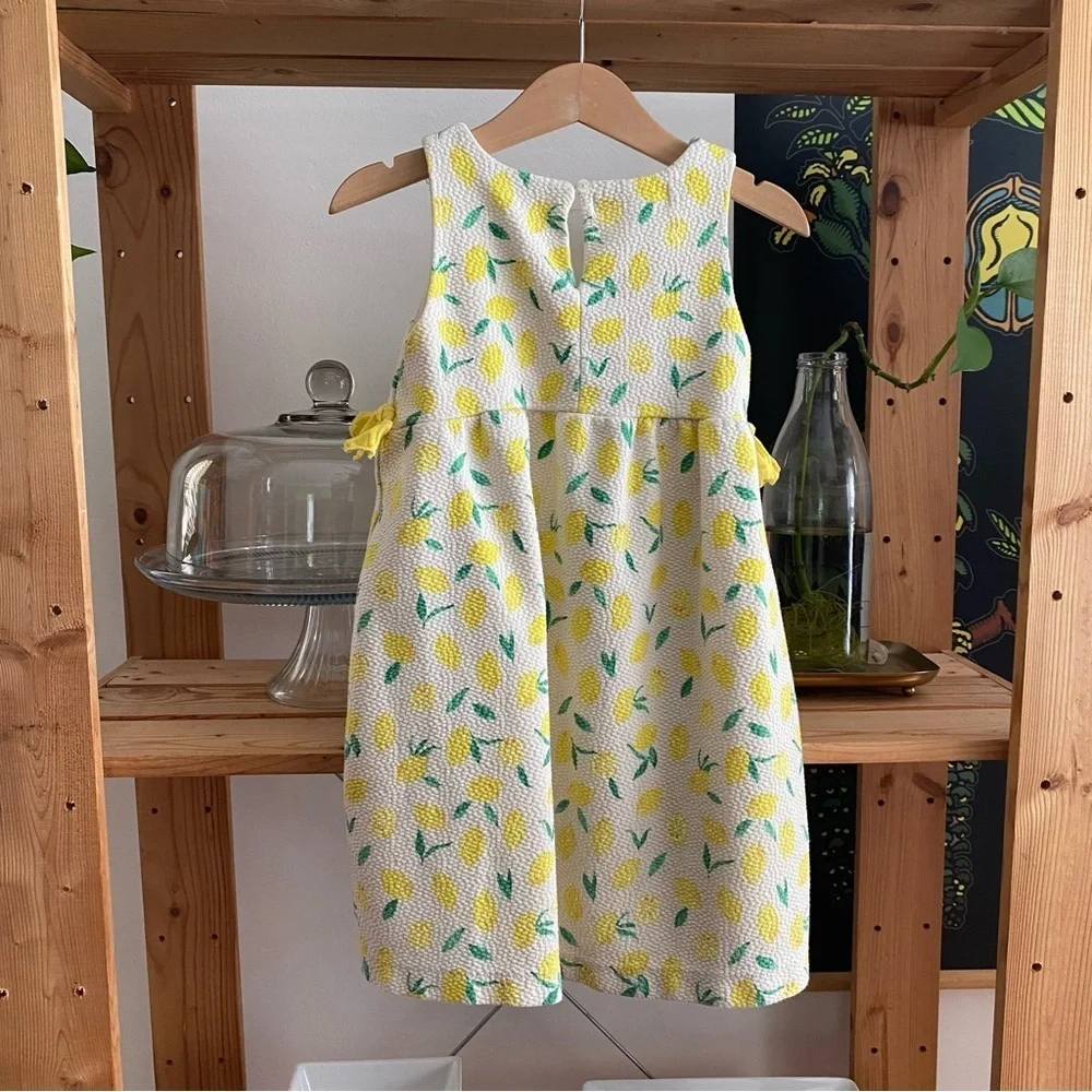 Zara Girls White Yellow Lemon Print Textured Sleeveless Dress 4t